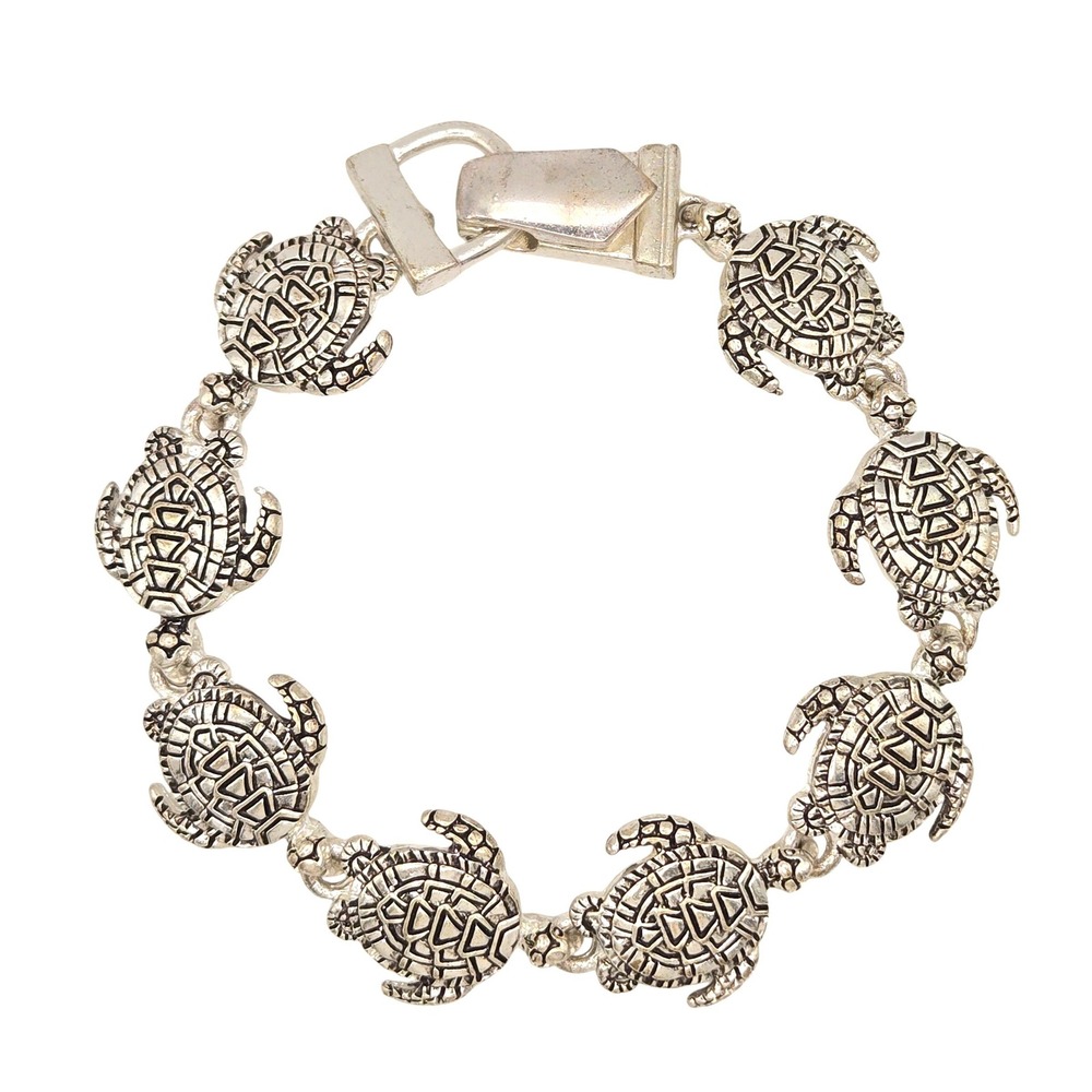 Silver Tone Textured Sea Turtle Charm‎ Link Bracelet Magnetic Clasp